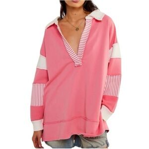 FREE PEOPLE We The Free Pink Clean Prep Polo Long Sleeve Oversized Size M
